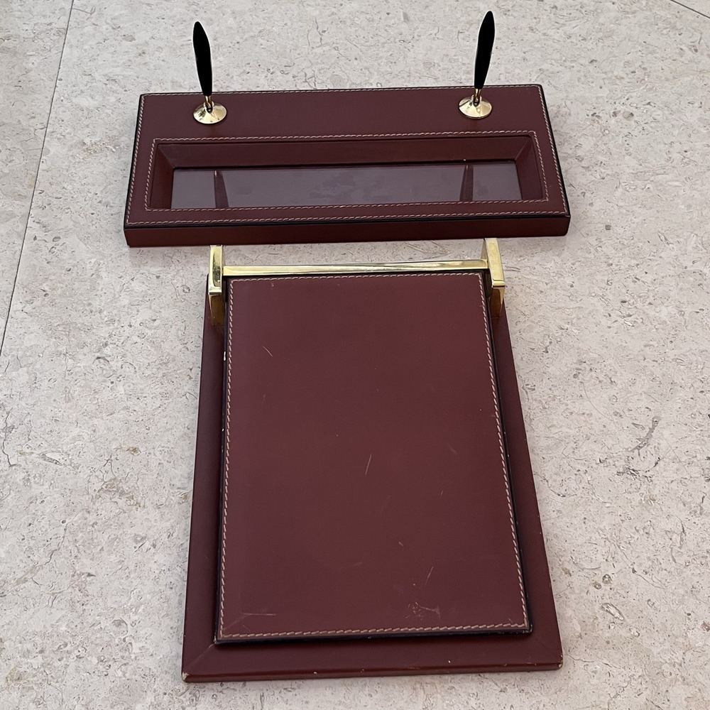 Vintage Mark Cross Pen Pencil Desk Organizer & Note Pad Holder Set Dark Tan Gold